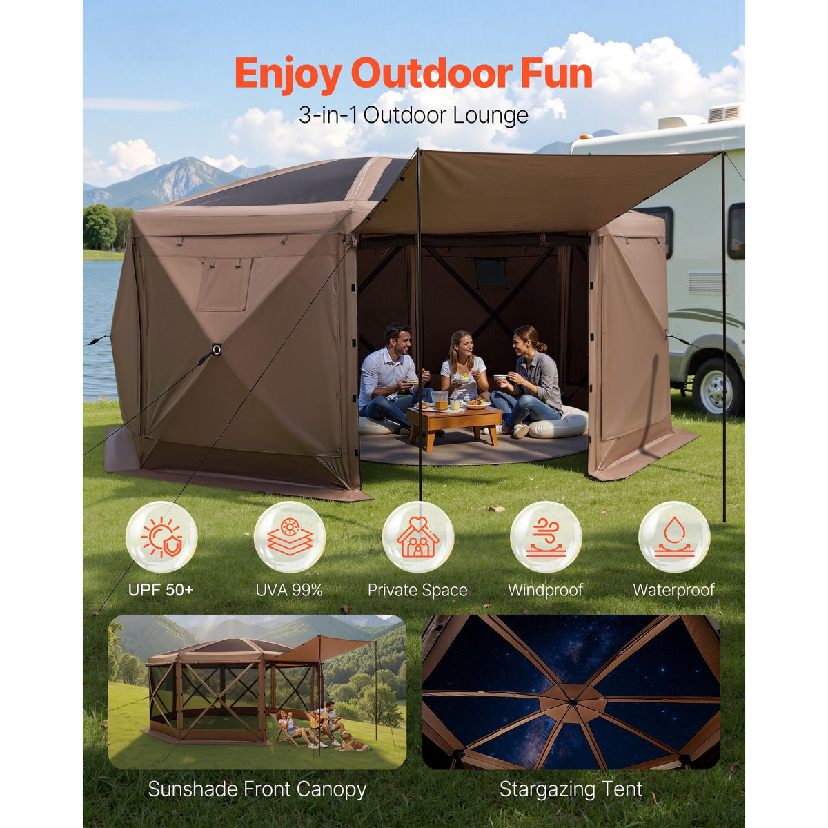 Pop up Gazebo Screen Tent, 15 x 15 ft Large 8-Sided Camping Canopy Tent with Removable Top & Carry Bag, Quick-Set & Bite-Proof, Screen House Sun Shelter for 12-15 Persons Backyard Patio, Brown