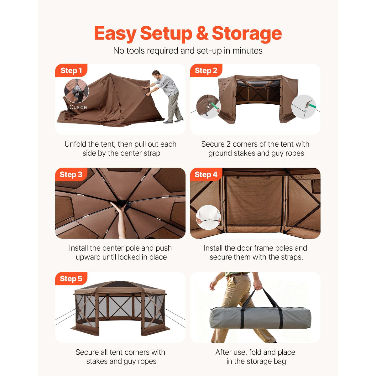Pop up Gazebo Screen Tent, 15 x 15 ft Large 8-Sided Camping Canopy Tent with Removable Top & Carry Bag, Quick-Set & Bite-Proof, Screen House Sun Shelter for 12-15 Persons Backyard Patio, Brown