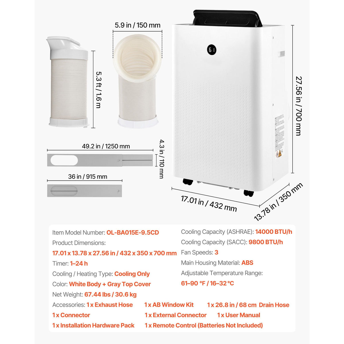 Portable Air Conditioner, 14000 BTU ASHRAE (9800 BTU SACC) 4-in-1 Standing Cooling Ac Unit, LED Touch Panel & Remote Control, 24h Timer, Cooling, Dehumidifier, Fan, Sleep Mode for Room Indoor