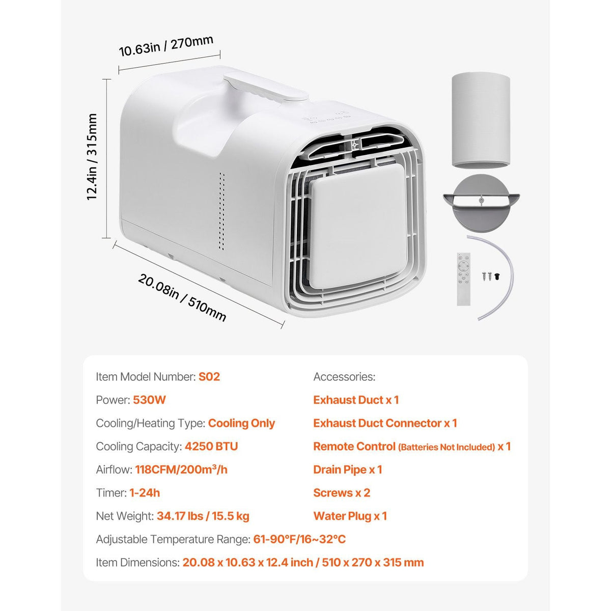 Portable Air Conditioner, 4250 BTU 3-Speed Air Conditioning Unit with 24H Timer, Remote-Control Air Portable AC Adjustable Temp 16-32Celsius, for Outdoor Tent Camping, RVs or Home Use, White