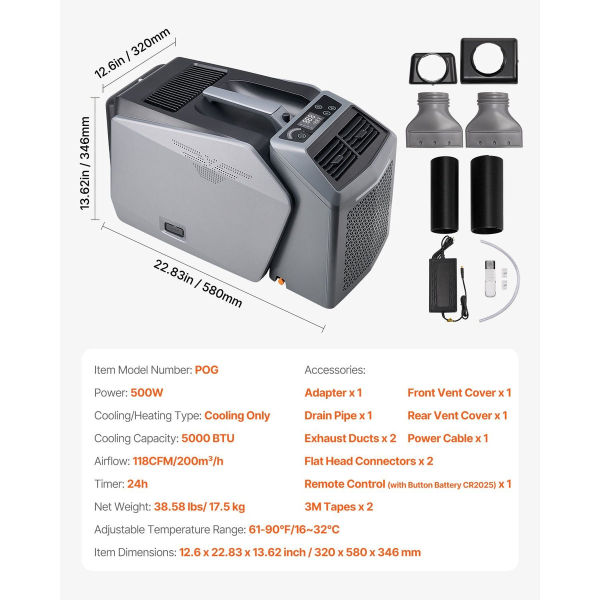 Portable Air Conditioner, 5000 BTU 3-Speed Air Conditioning Unit with 24H Timer, Air Portable AC Adjustable from 16 - 32 C, Compatible with AC/DC for Outdoor Tent Camping, RVs or Home Use, Grey