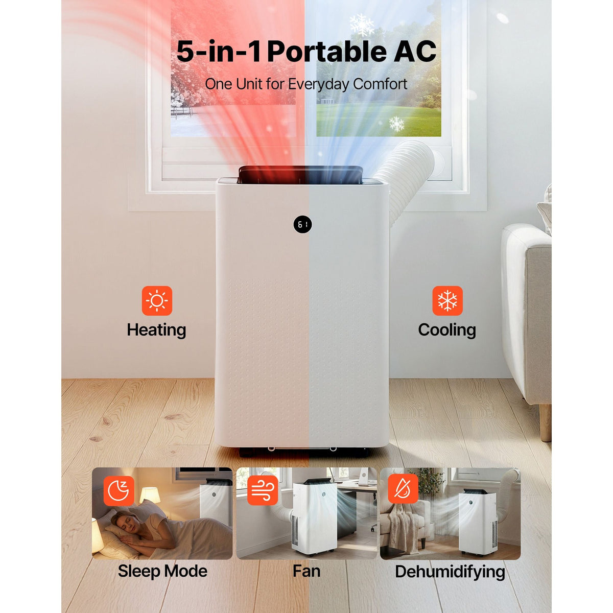 Portable Air Conditioner and Heater Combo, 14000 BTU (9800 BTU SACC) 5-in-1 Standing Cooling Ac Unit, LED Touch Panel & Remote Control, 24h Timer, Dehumidifier/Fan/Sleep Mode for Room Indoor