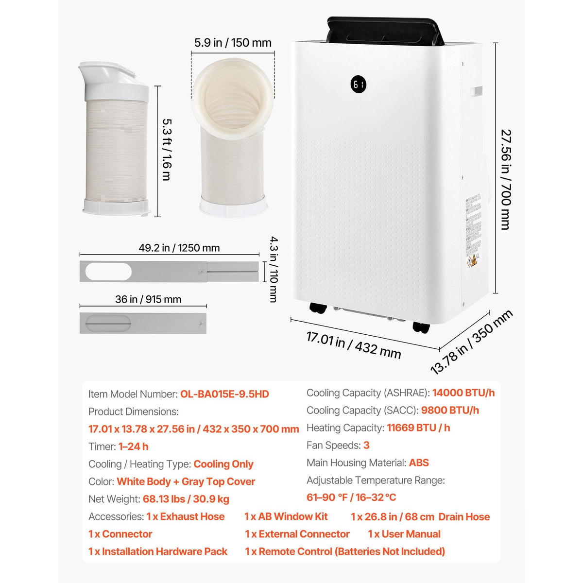Portable Air Conditioner and Heater Combo, 14000 BTU (9800 BTU SACC) 5-in-1 Standing Cooling Ac Unit, LED Touch Panel & Remote Control, 24h Timer, Dehumidifier/Fan/Sleep Mode for Room Indoor