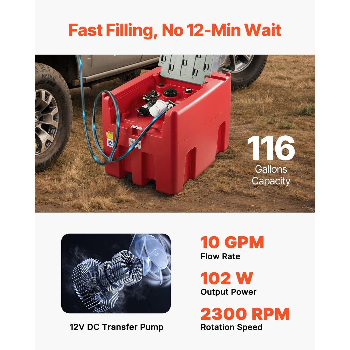 Portable Diesel & Gasoline Tank, 116 Gallon, 10 GPM Flow Rate, Diesel Fuel Tank with 12V Electric Transfer Pump, 13.1ft Hose, Auto Fueling Nozzle, Transfer Tank for Easy Fuel Transportation, Red
