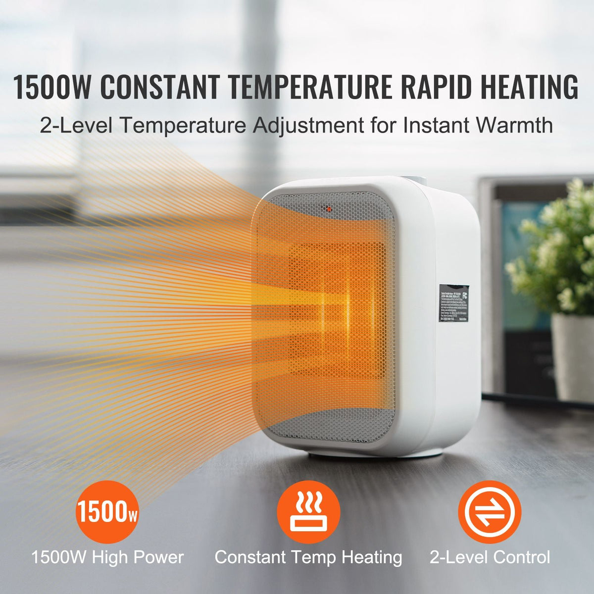 Portable Electric Space Heater with Thermostat, 1000W/1500W 2-Level Adjustable Quiet Ceramic Heater Fan, 9 in Tip-Over Shutdown Flame-Retardant PP Small Heaters for Office Room Desk Indoor Use