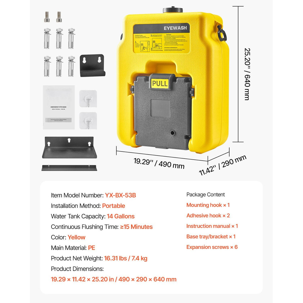 Portable Eye Wash Station 14 Gal, OSHA-Approved Eyewash Station Wall-Mounted/On Flat Surface, Emergency Eye Wash Unit with 2 Sprays, First Aid Eyewash Units for Schools, Labs, Factories, Yellow