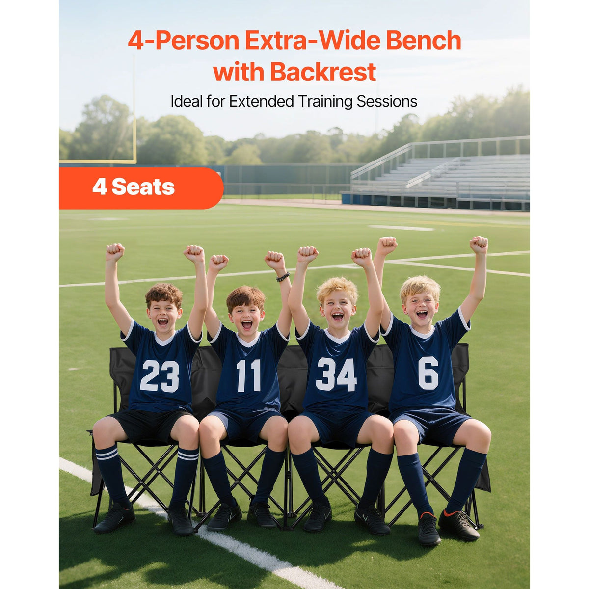 Portable Folding Bench, 4 Seat Foldable Soccer Bench with Side Pockets and Carrying Bag, Lightweight Sideline Seating with Back Rest for Football, Baseball, Camping, Outdoor Events, Black