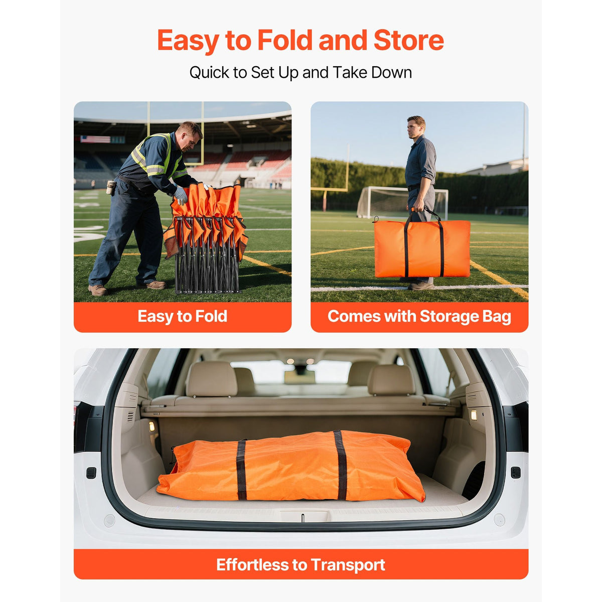 Portable Folding Bench, 6 Seat Foldable Soccer Bench with Side Pockets and Carrying Bag, Lightweight Sideline Seating with Back Rest for Football, Baseball, Camping, Outdoor Events, Orange
