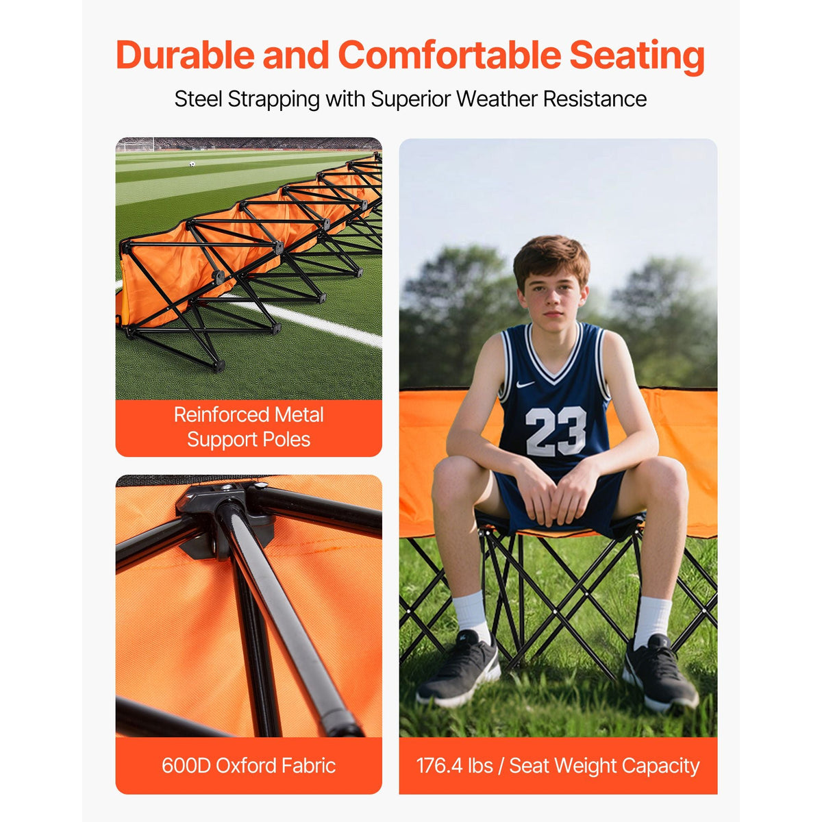 Portable Folding Bench, 6 Seat Foldable Soccer Bench with Side Pockets and Carrying Bag, Lightweight Sideline Seating with Back Rest for Football, Baseball, Camping, Outdoor Events, Orange