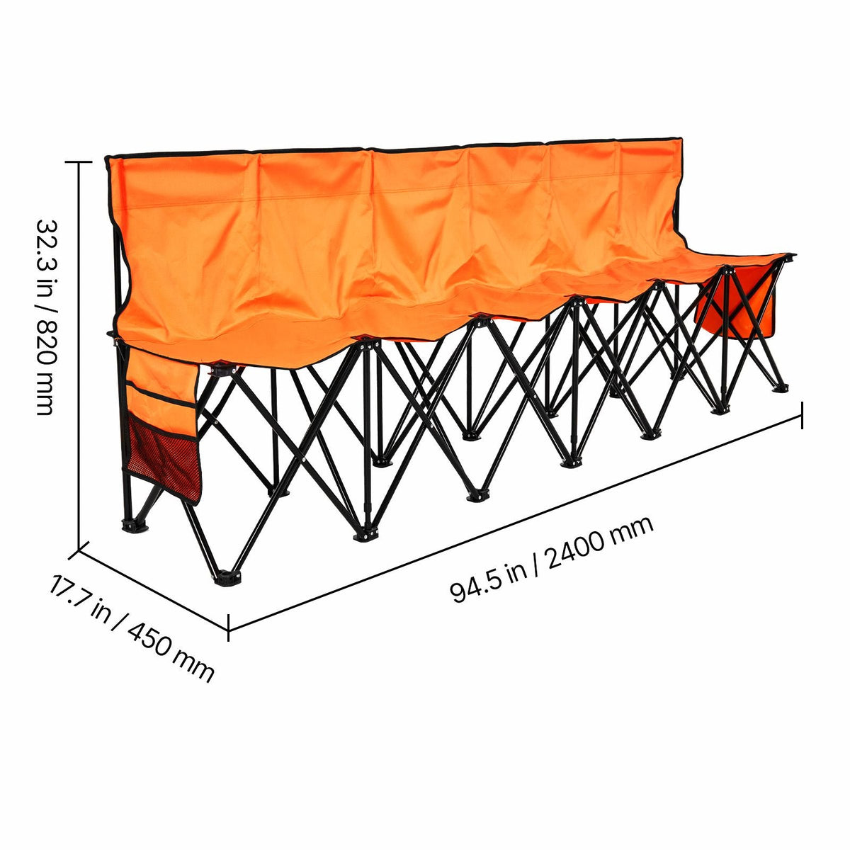 Portable Folding Bench, 6 Seat Foldable Soccer Bench with Side Pockets and Carrying Bag, Lightweight Sideline Seating with Back Rest for Football, Baseball, Camping, Outdoor Events, Orange