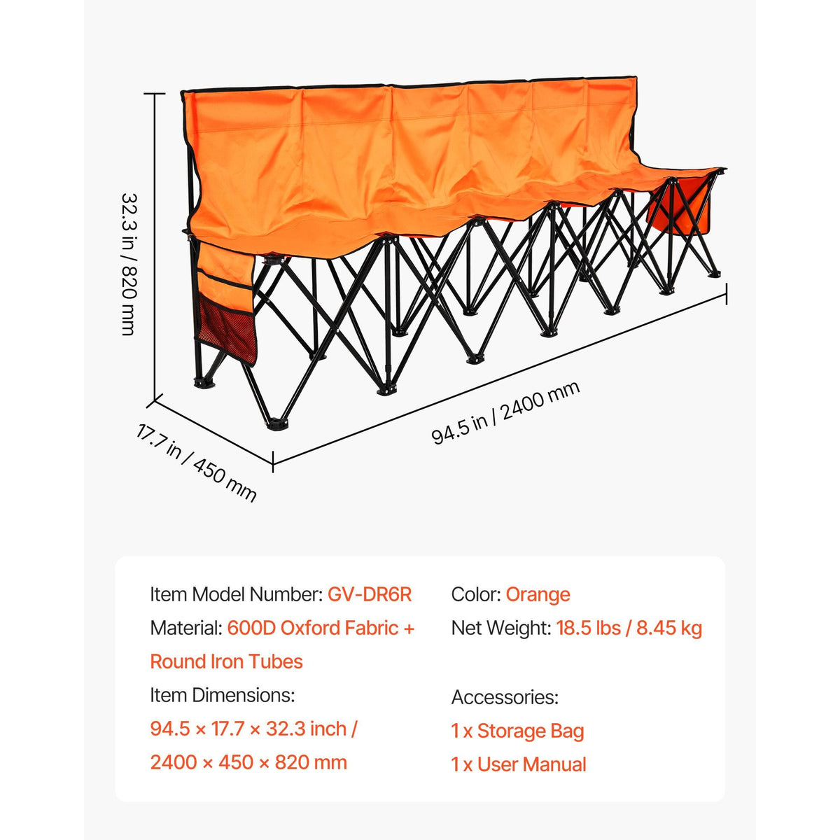 Portable Folding Bench, 6 Seat Foldable Soccer Bench with Side Pockets and Carrying Bag, Lightweight Sideline Seating with Back Rest for Football, Baseball, Camping, Outdoor Events, Orange