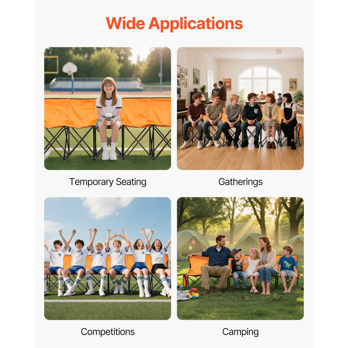 Portable Folding Bench, 6 Seat Foldable Soccer Bench with Side Pockets and Carrying Bag, Lightweight Sideline Seating with Back Rest for Football, Baseball, Camping, Outdoor Events, Orange