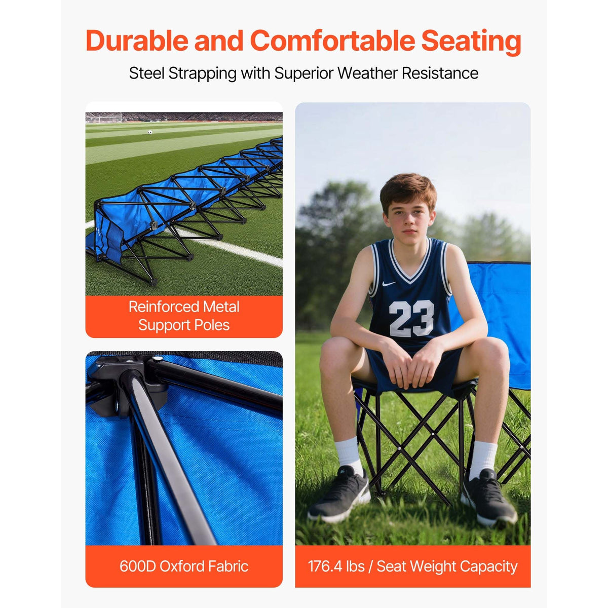 Portable Folding Bench, 8 Seat Foldable Soccer Bench with Side Pockets and Carrying Bag, Lightweight Sideline Seating with Back Rest for Football, Baseball, Camping, Outdoor Events, Blue