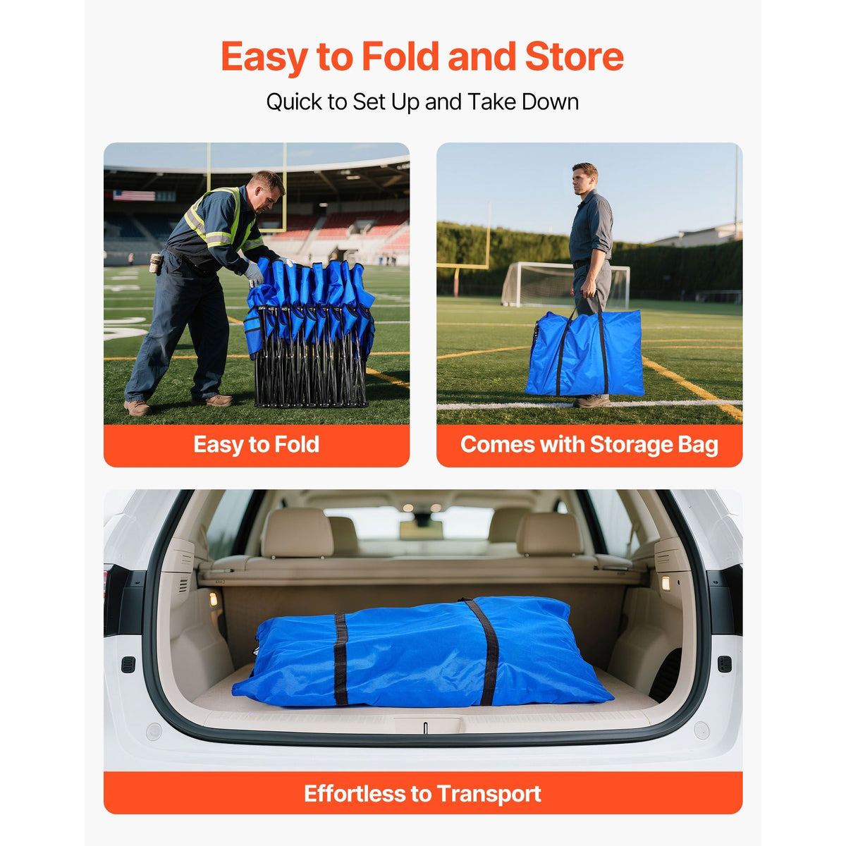 Portable Folding Bench, 8 Seat Foldable Soccer Bench with Side Pockets and Carrying Bag, Lightweight Sideline Seating with Back Rest for Football, Baseball, Camping, Outdoor Events, Blue