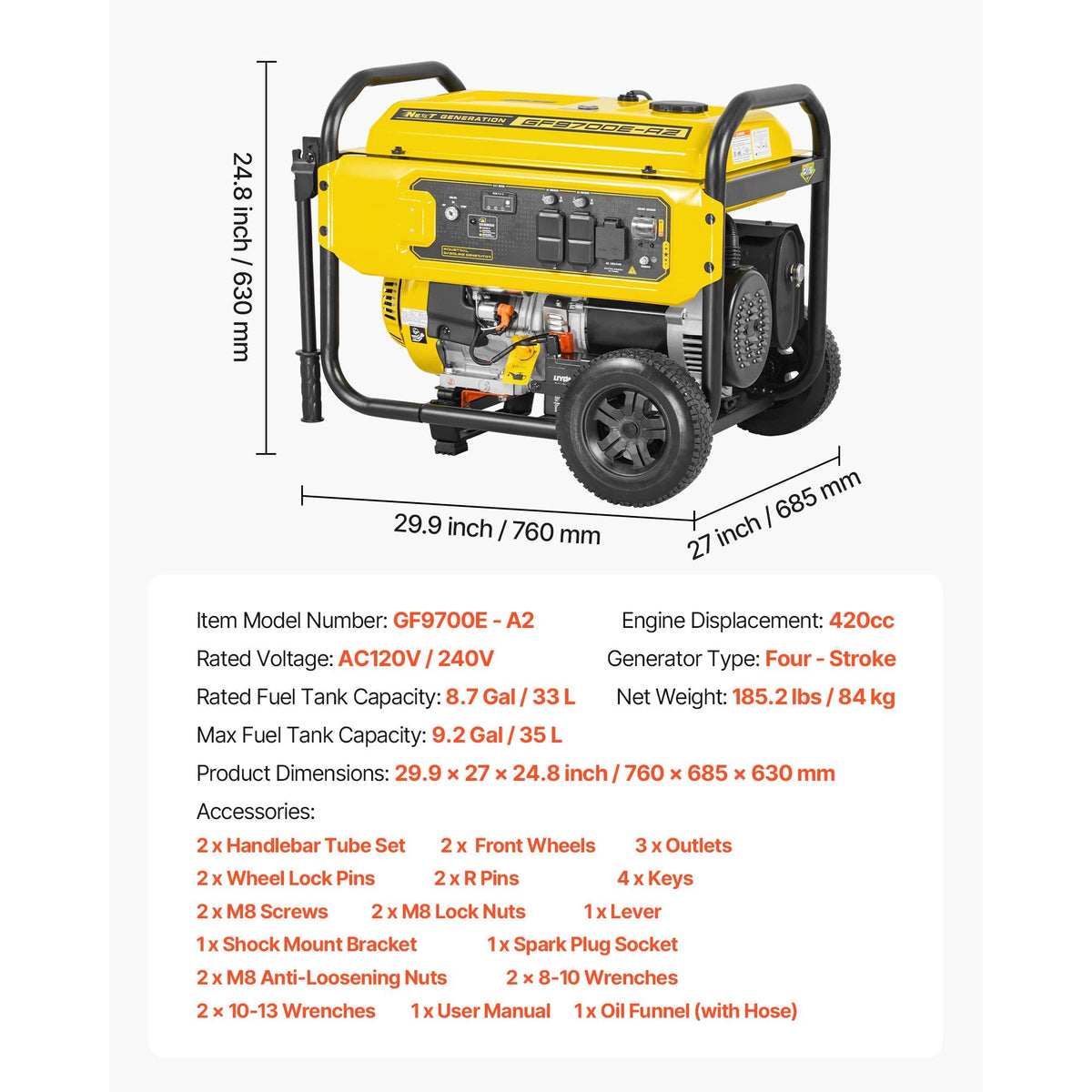 Portable Generator, 9625W Peak Watt Home Generator, Backup Generators for Home with Foldable Handle, Electric Start, Gas Powered, CO Sensor, RV & Emergency Ready 30A & 20A Outlets, AVR