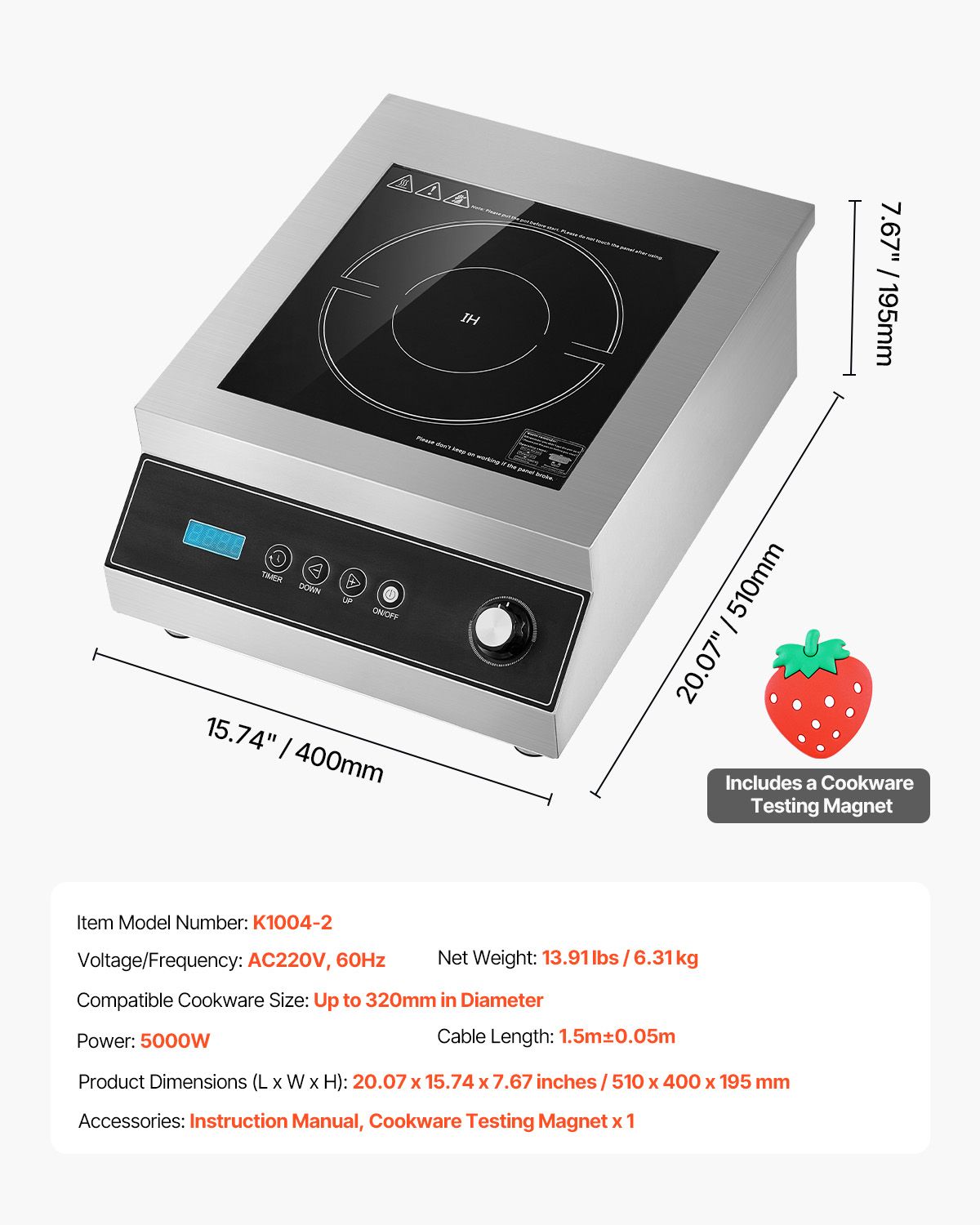 Portable Induction Cooktop, 5000W Commercial Induction Burner with 16 Temperature Settings, Stainless Steel Countertop Induction Hot Plate with 4H Timer, Child Lock, for Restaurant Cooking