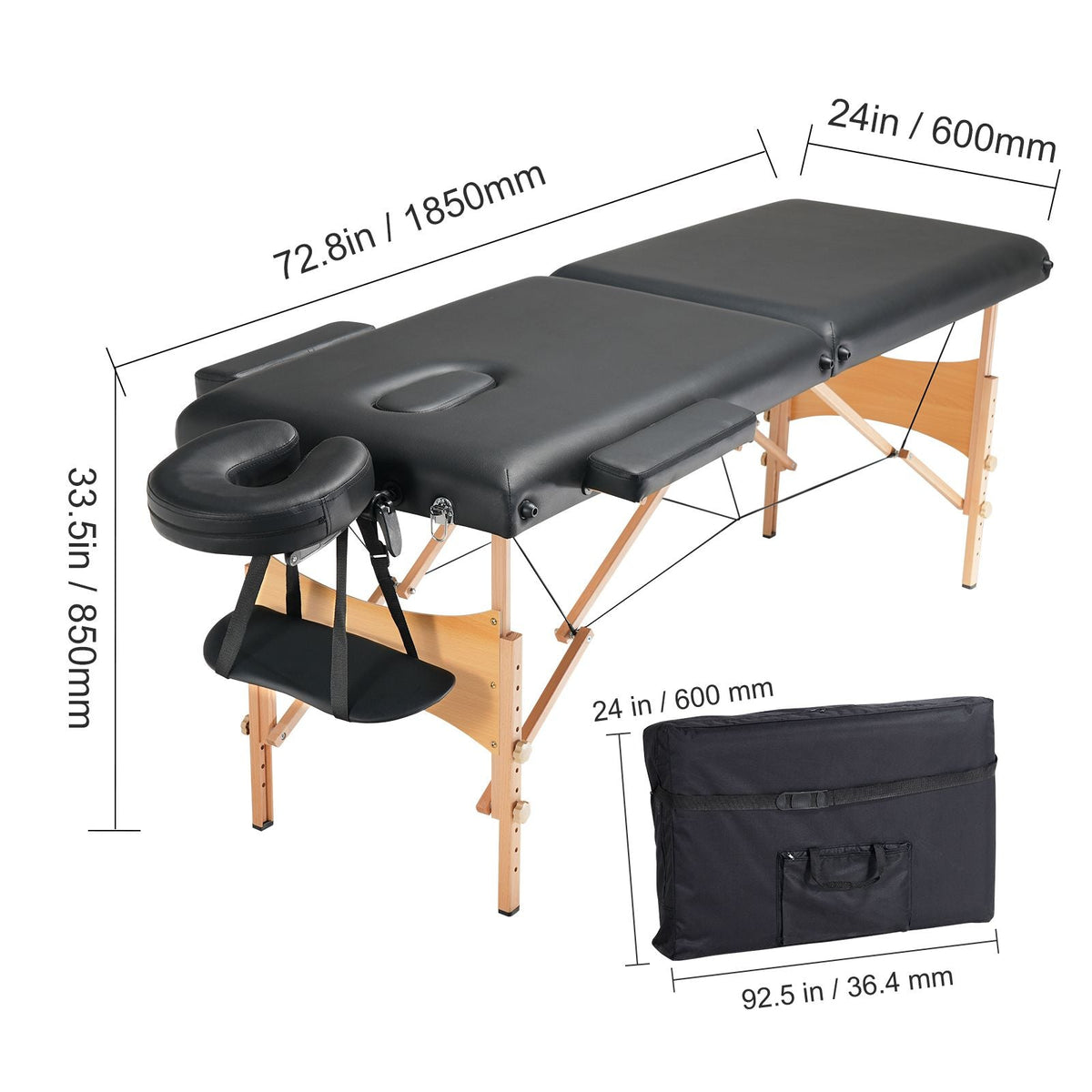 Portable Massage Table 24" W, 2 Folding Lightweight Massage Table, 8-Level Height Adjustable Salon Tattoo Bed, Spa Table with Headrest, Armrests, Hand Pallet & Carrying Bag, 600LBS
