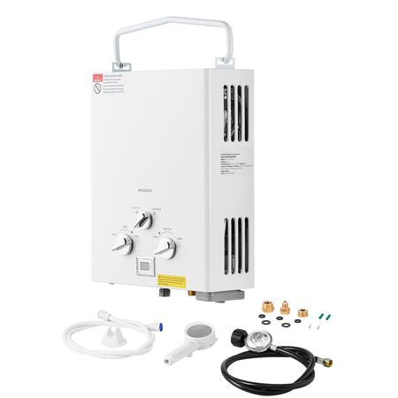 Portable Propane Water Heater, 5L Tankless Outdoor Water Heater, 34000 BTU 1.32 GPM Instant Hot Water, with Accessory Set + Regulator for RV Camping Trips Cabins Barns