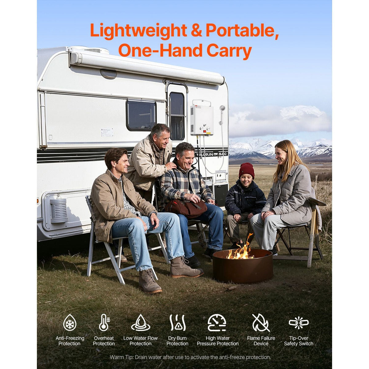 Portable Propane Water Heater, 5L Tankless Outdoor Water Heater, 34000 BTU 1.32 GPM Instant Hot Water, with Accessory Set + Regulator for RV Camping Trips Cabins Barns