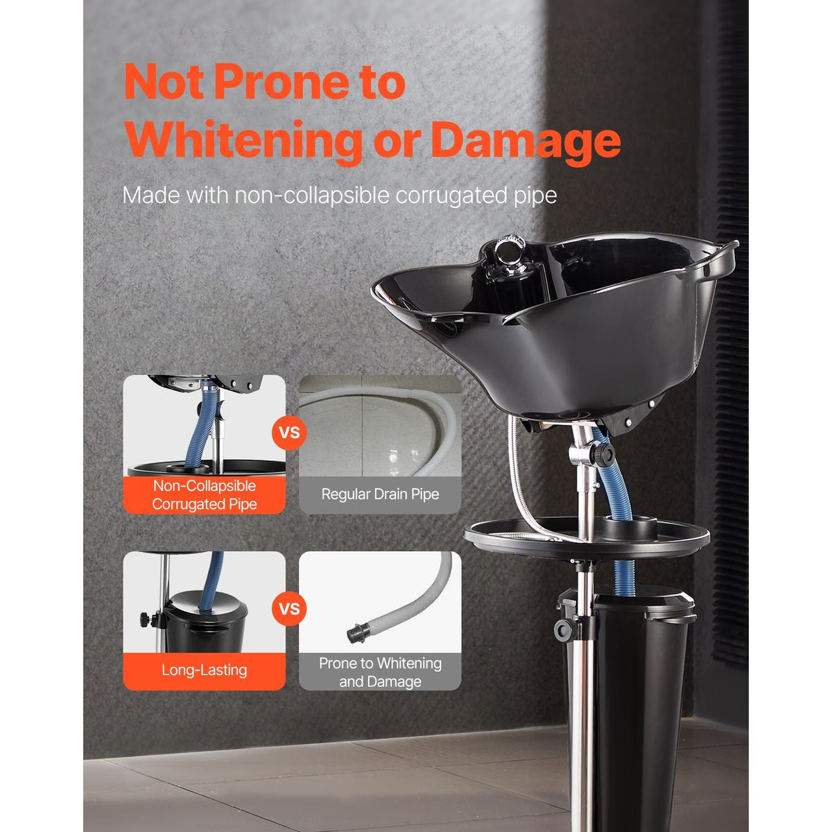 Portable Shampoo Bowl, Deep Shampoo Sink with Adjustable Height & Angle, Washing Hair Station Includes Drain Hose, Shower Head and Bucket, Salon Sink for Home & Barber Use, Black