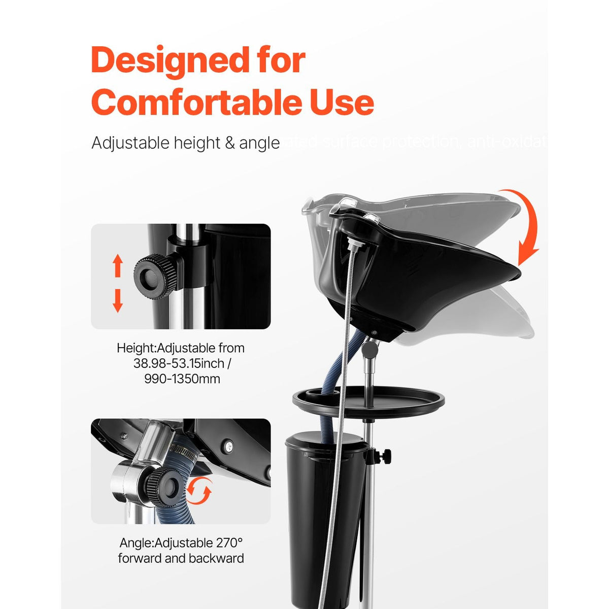 Portable Shampoo Bowl, Deep Shampoo Sink with Adjustable Height & Angle, Washing Hair Station Includes Drain Hose, Shower Head and Bucket, Salon Sink for Home & Barber Use, Black