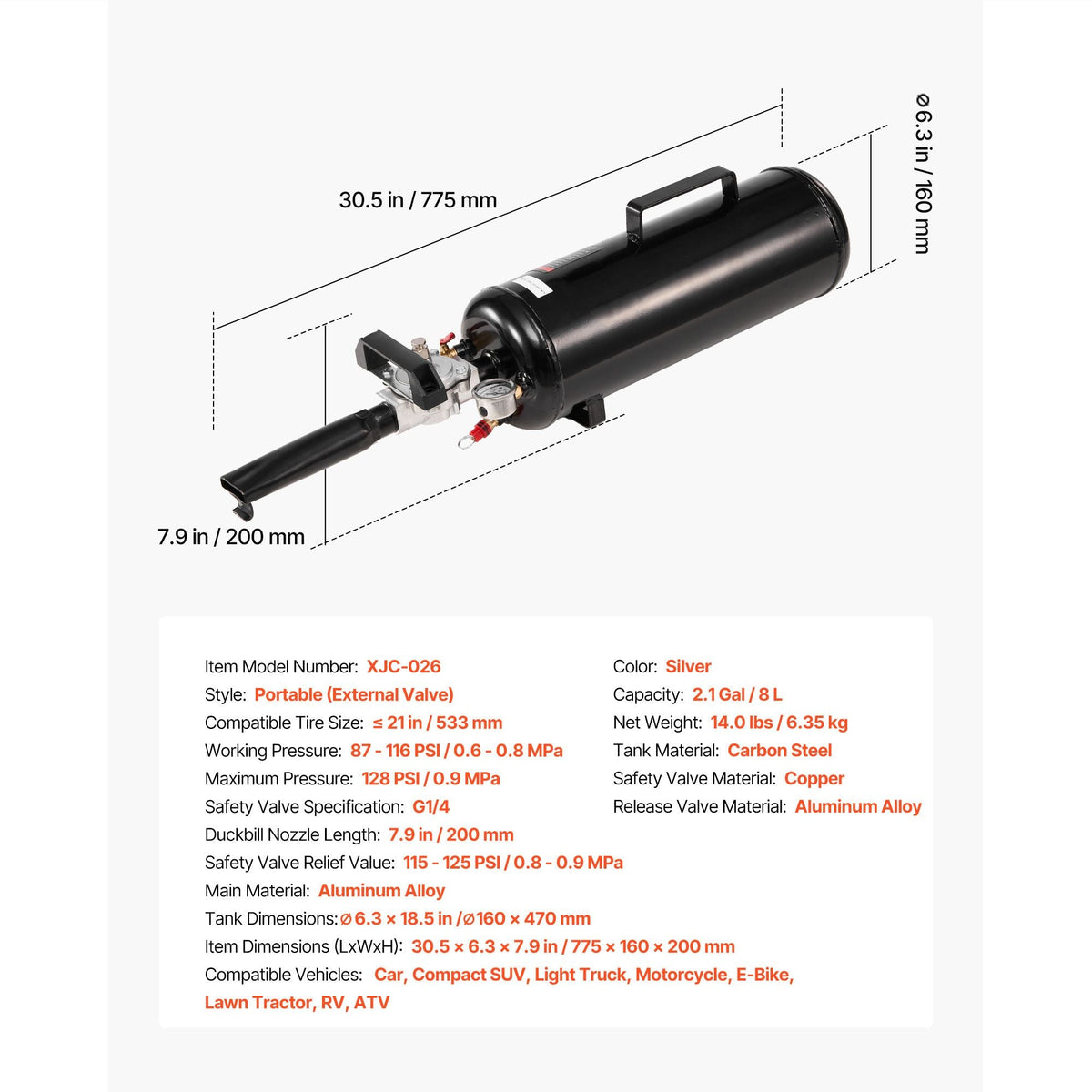 Portable Tire Bead Seater, 2.1 Gal / 8 L Air Bead Blaster, Handheld Tire Inflator Tool, 87-116 PSI Operating Pressure, Trigger Seating Inflator for Car, Compact SUV, Light Truck, E-Bike, RV, ATV