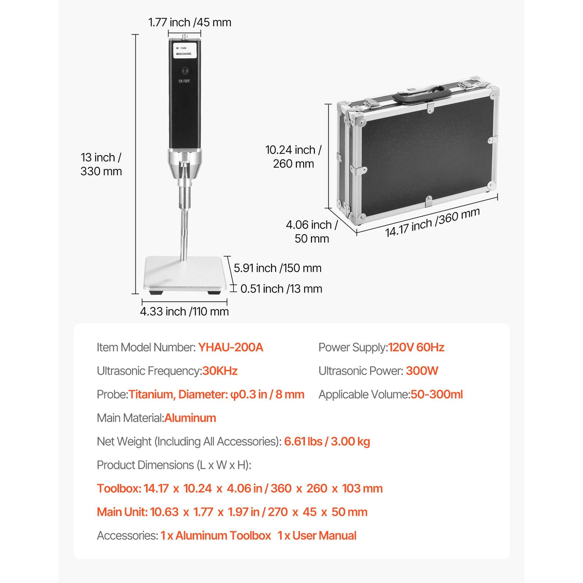 Portable Ultrasonic Homogenizer, 0.3 in Titanium Alloy Probe, 30KHz Ultrasonic Frequency, 50-300ml Capacity, Handheld and Desktop Dual Use, Sonicator Processor Cell Disruptor Mixer with Stand