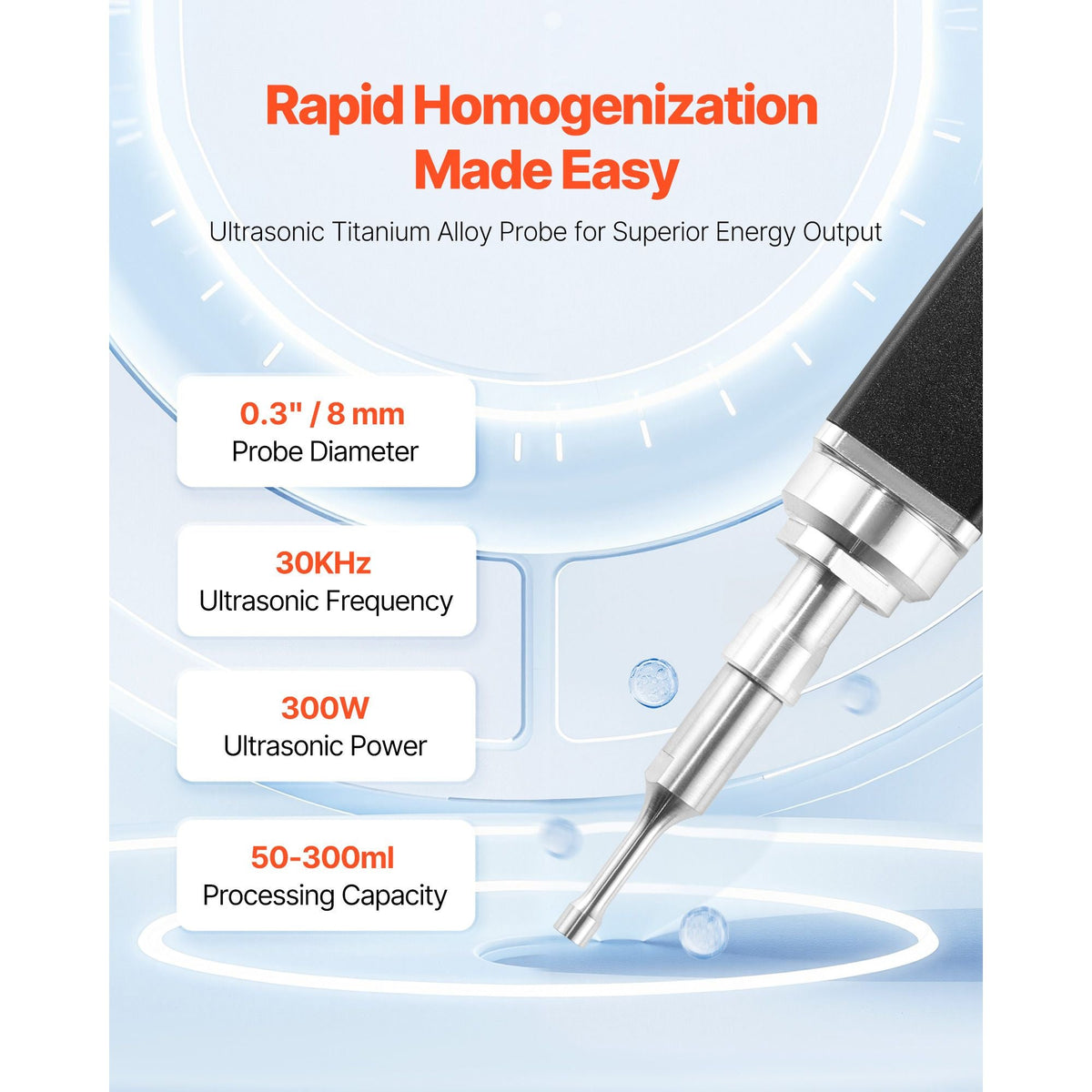 Portable Ultrasonic Homogenizer, 0.3 in Titanium Alloy Probe, 30KHz Ultrasonic Frequency, 50-300ml Capacity, Handheld and Desktop Dual Use, Sonicator Processor Cell Disruptor Mixer with Stand