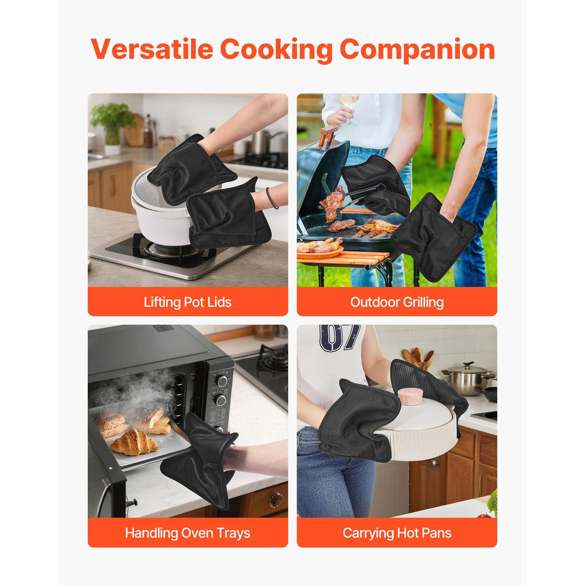 Pot Holders, Heat Resistant to 500 Fahrenheit with Ribbed Soft Anti-Slip Silicone Strips, 100% Cotton 9.06 x 8.98 inch Hot Pads with 2 No-Marks Hooks, Washable Pot Trivets for Barbeque, 2 Pack