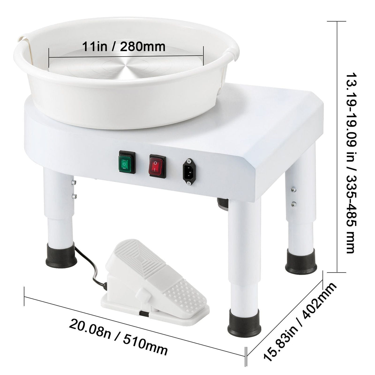 Pottery Wheel, 11 in Ceramic Wheel Forming Machine, 60-300 RPM Speed Adjustable Foot Pedal, Adjustable Lift Leg, Detachable Basin, Complete Tool Accessory Kit for Work Art Craft DIY, White