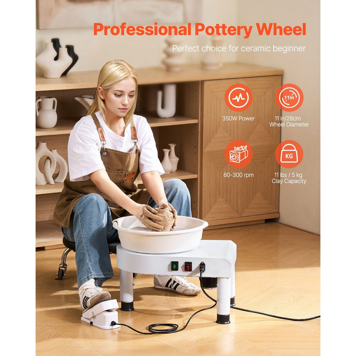 Pottery Wheel, 11 in Ceramic Wheel Forming Machine, 60-300 RPM Speed Adjustable Foot Pedal, Adjustable Lift Leg, Detachable Basin, Complete Tool Accessory Kit for Work Art Craft DIY, White