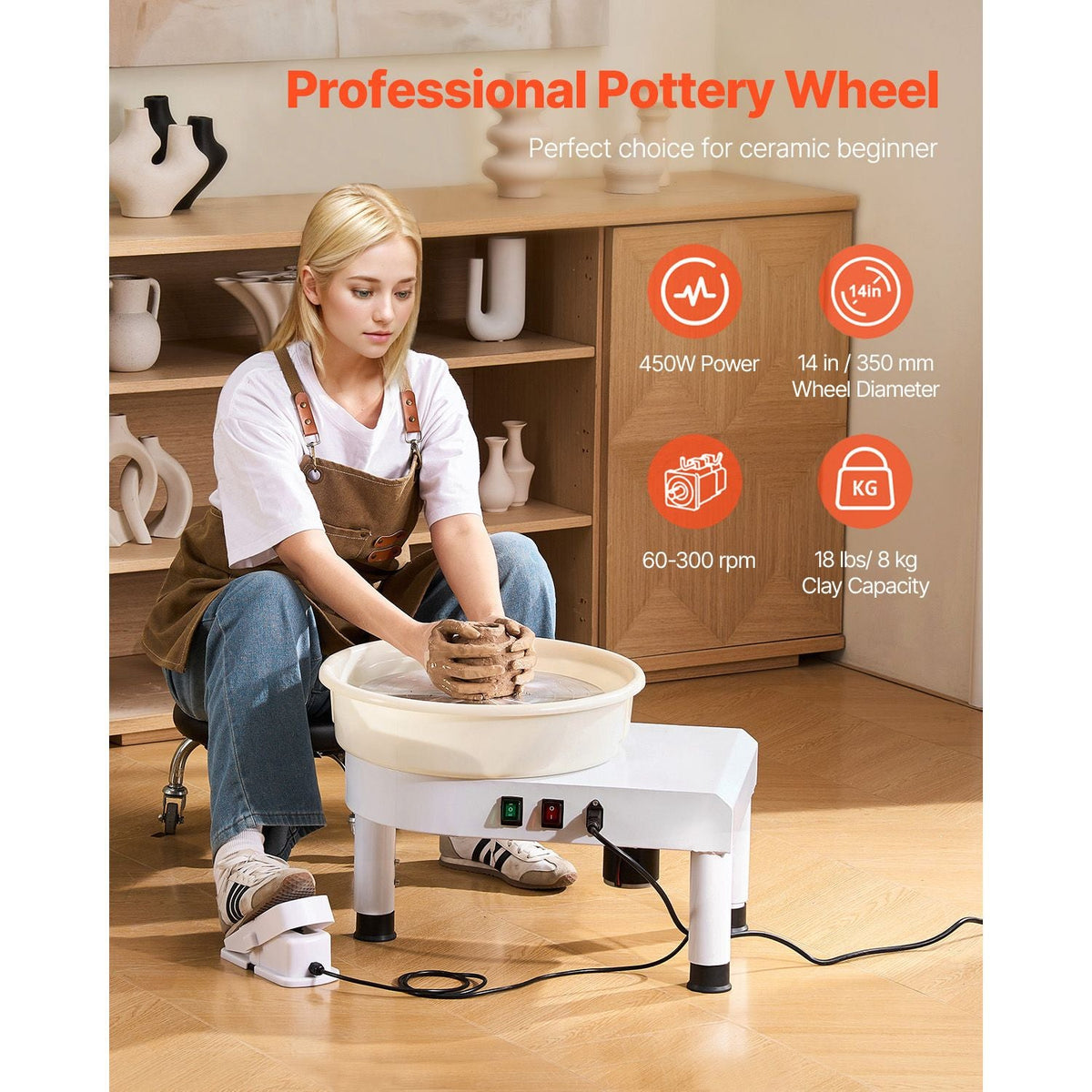 Pottery Wheel, 14 in Ceramic Wheel Forming Machine, 60-300 RPM Adjustable Speed with Foot Pedal Control, Detachable Basin, Adjustable Lift Leg, Complete Accessories for Home Pottery, DIY, White