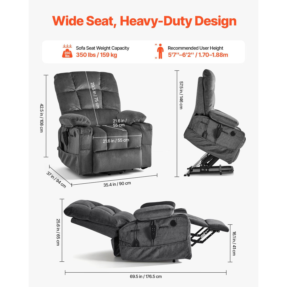 Power Lift Recliner Chair, Dual Motor, Large Electric Lift Chair with Heat and Massage for Elderly, Infinite Position Adjustment, Velvet Fabric, with Storage Pockets, Cup Holders, Dark Gray