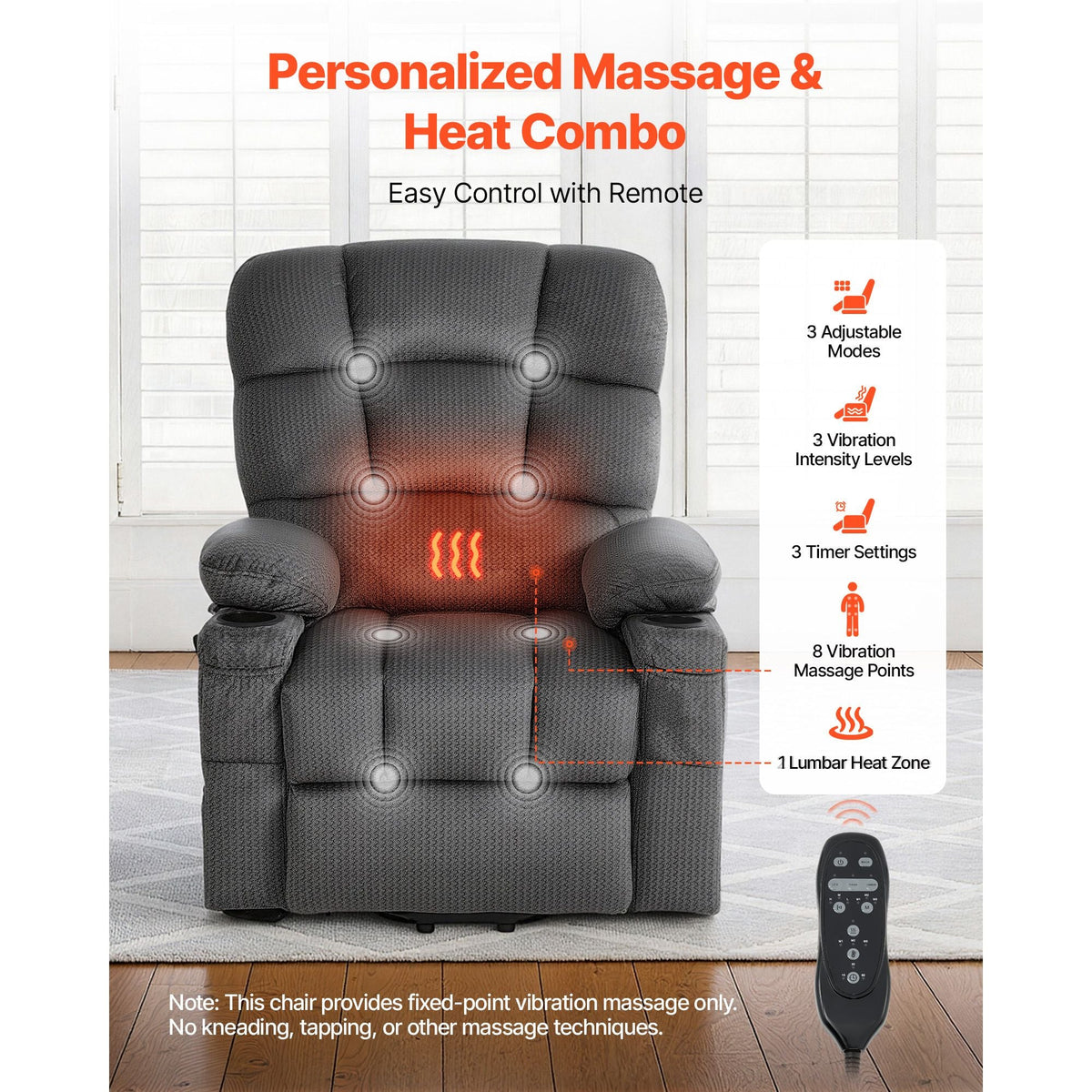 Power Lift Recliner Chair, Dual Motor, Large Electric Lift Chair with Heat and Massage for Elderly, Infinite Position Adjustment, Velvet Fabric, with Storage Pockets, Cup Holders, Dark Gray