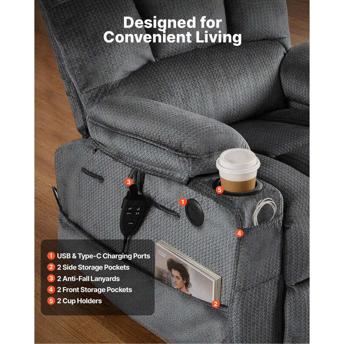 Power Lift Recliner Chair, Dual Motor, Large Electric Lift Chair with Heat and Massage for Elderly, Infinite Position Adjustment, Velvet Fabric, with Storage Pockets, Cup Holders, Dark Gray