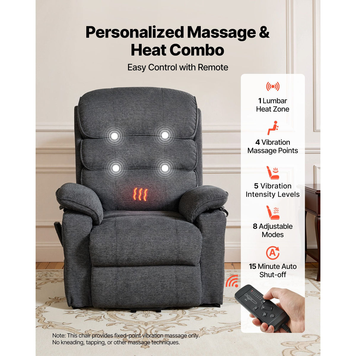 Power Lift Recliner Chair, Dual Motor Medium Lift Chair with Heat and Massage for Elderly, Position Adjustable, Remote Control, with Side Pockets, Chenille Fabric, Dark Gray