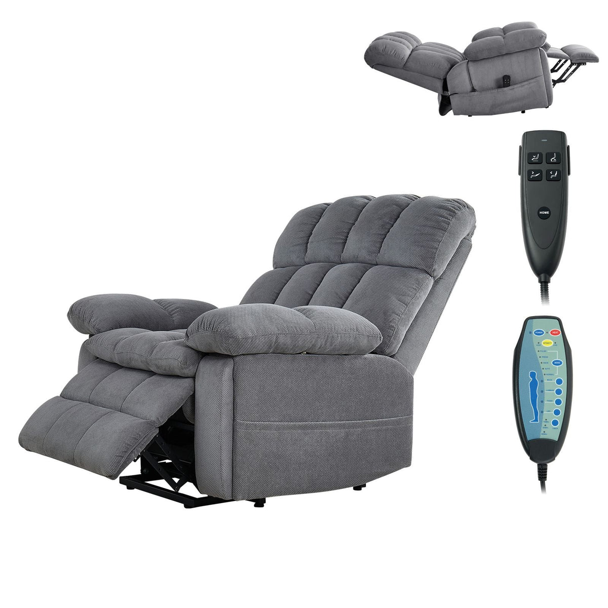Power Lift Recliner Chair, Dual Motor, Oversized Electric Lift Chair with Heat and Massage for Elderly, Infinite Position Adjustment, Chenille Fabric, with Side Pockets, Cup Holders, Light Gray