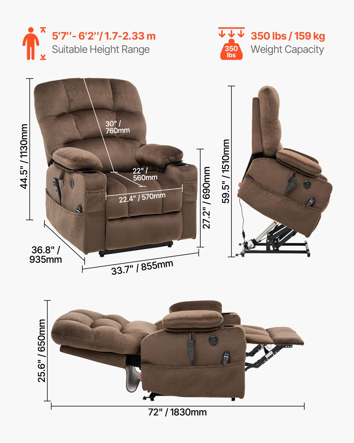 Power Lift Recliner Chair, Lift Chair with Heat and Massage for Elderly, Dual Motor Recliner Chair with 2 Cup holders and USB Port, Infinite Position Adjustment Electric Recliner (Large, Brown)