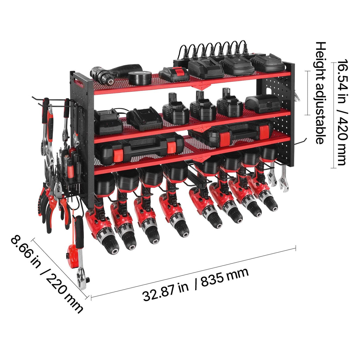 Power Tool Organizer with Charging Station, 4-Layer Drill Storage Rack with 8 Drill Holders & Side Pegboard, Garage Tool Organizer Built in 8 Outlet Power Strips for Garage, Workbench, Workshop