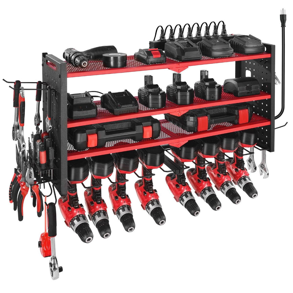 Power Tool Organizer with Charging Station, 4-Layer Drill Storage Rack with 8 Drill Holders & Side Pegboard, Garage Tool Organizer Built in 8 Outlet Power Strips for Garage, Workbench, Workshop