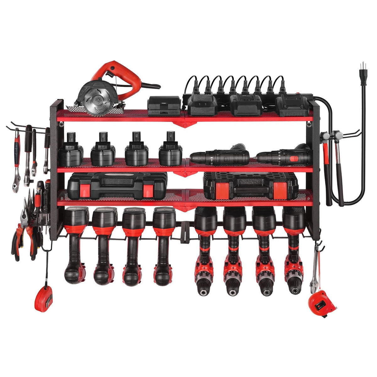 Power Tool Organizer with Charging Station, 4-Layer Drill Storage Rack with 8 Drill Holders & Side Pegboard, Garage Tool Organizer Built in 8 Outlet Power Strips for Garage, Workbench, Workshop