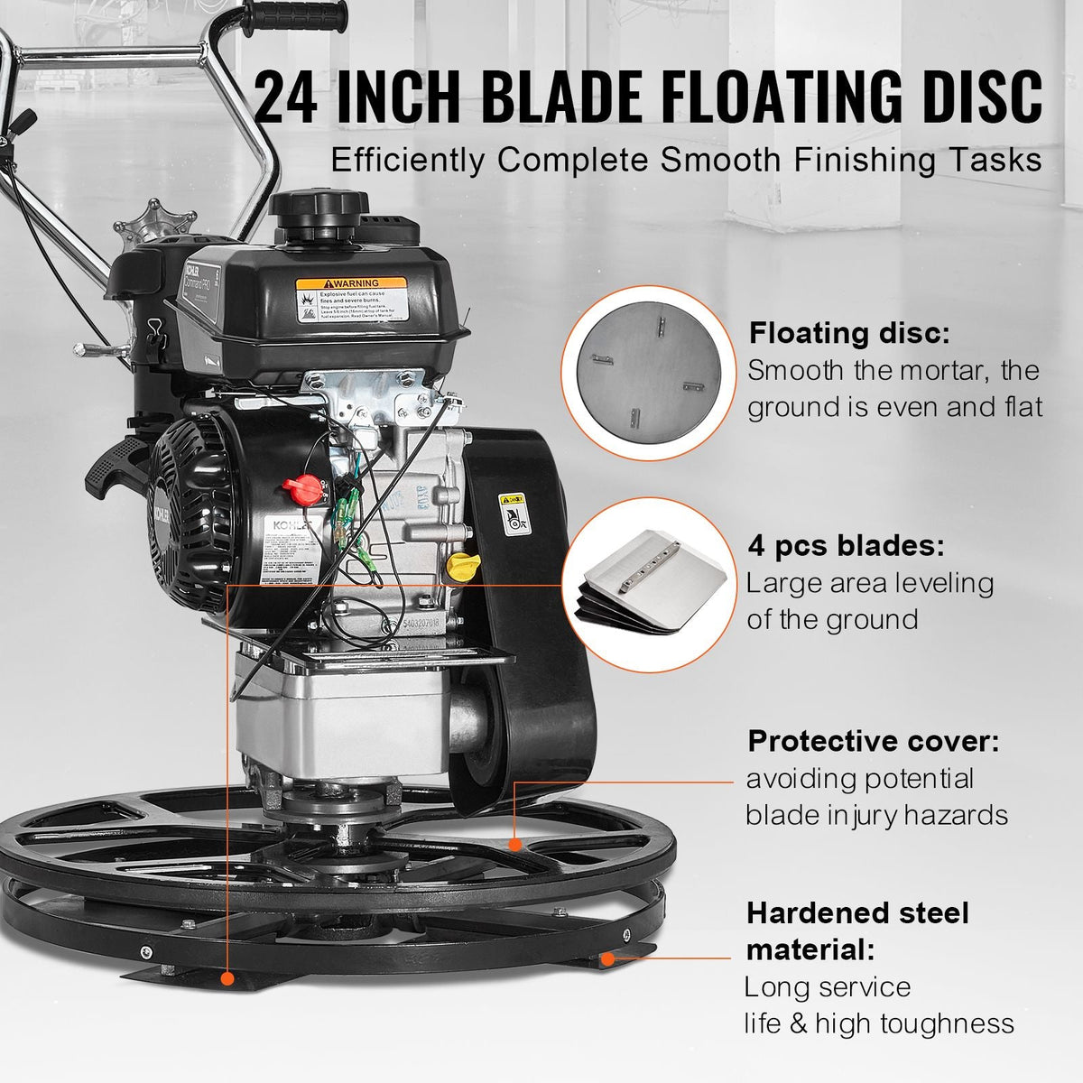 Power Trowel, 24' Walk-Behind Cement Trowel with Float Pan, 6HP Gas-Powered Smooth Concrete Surface Finisher, Heavy Duty Commercial Screed Concrete Cement with Finishing Blade, Orange