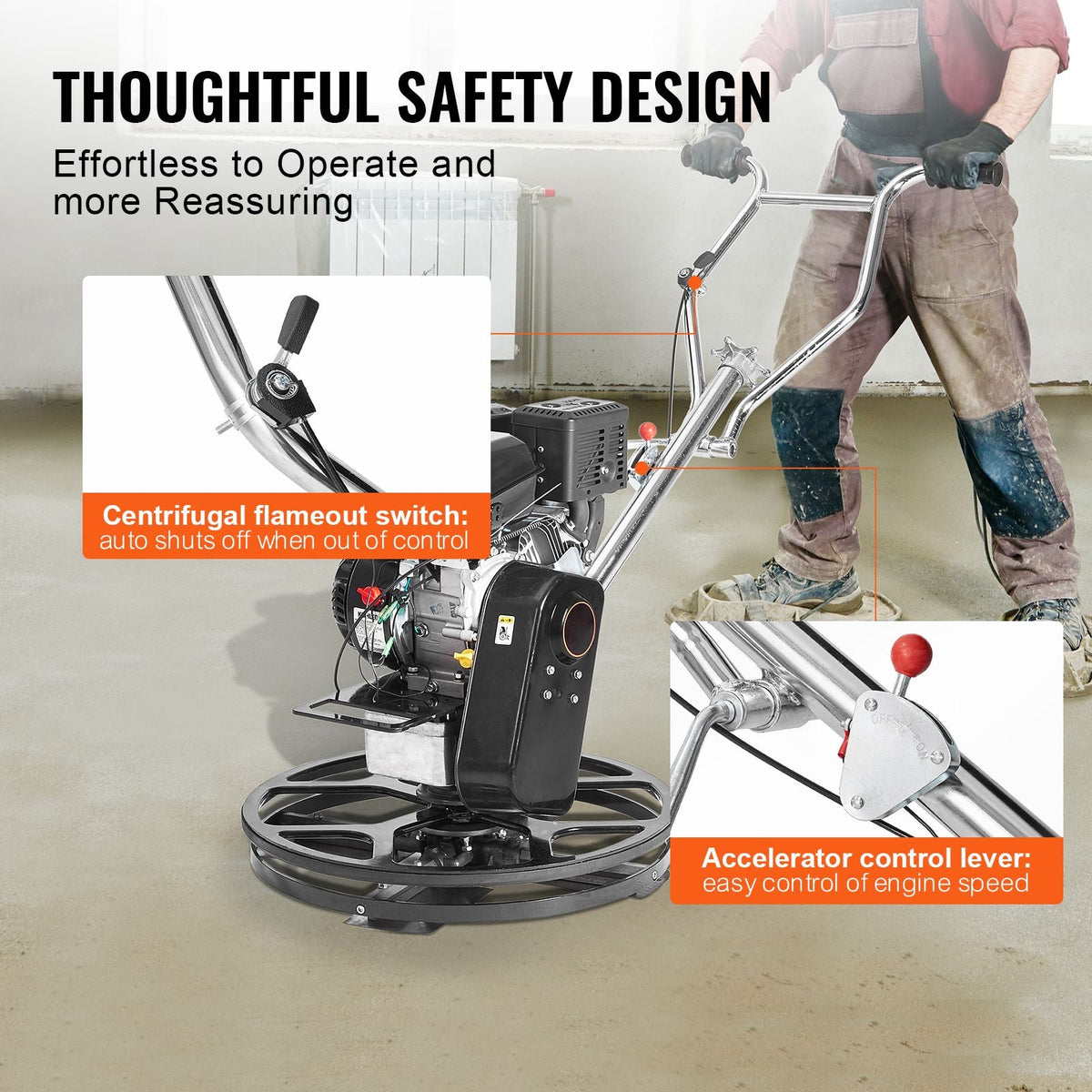 Power Trowel, 24' Walk-Behind Cement Trowel with Float Pan, 6HP Gas-Powered Smooth Concrete Surface Finisher, Heavy Duty Commercial Screed Concrete Cement with Finishing Blade, Orange