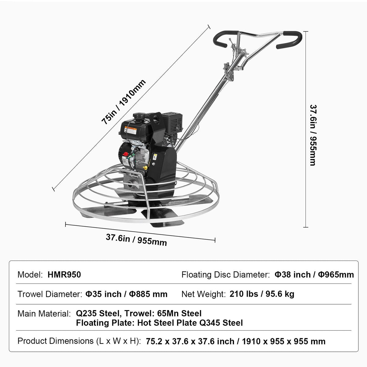Power Trowel, 38' Walk-Behind Cement Trowel with Float Pan, 6HP Gas-Powered Smooth Concrete Surface Finisher, Heavy Duty Commercial Screed Concrete Cement with Finishing Blade, Orange