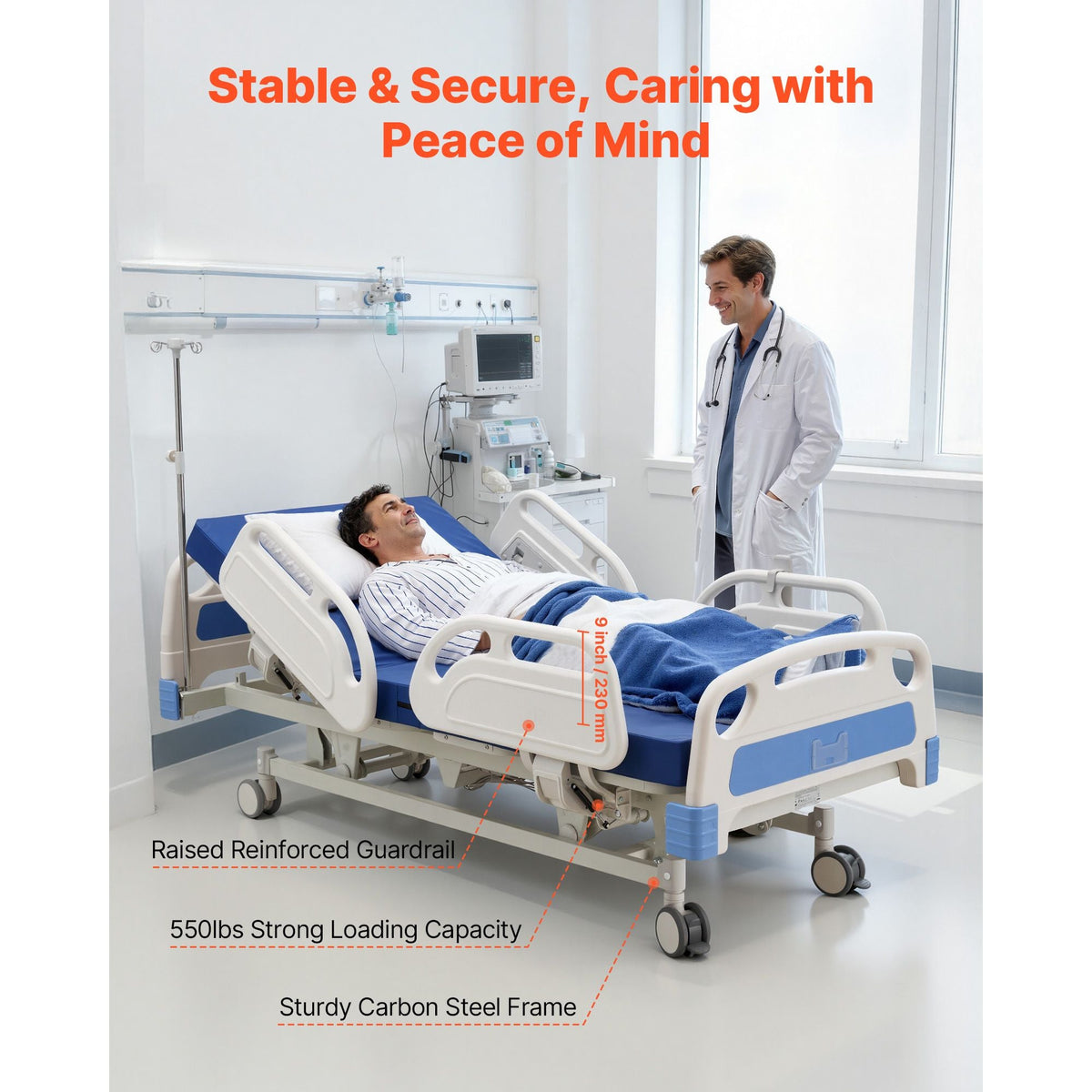 Premium 5 Function Full Electric Hospital Bed, ICU Electric Medical Bed with Trendelenburg & Reverse Trendelenburg, 5" Locking Casters & High-Density Mattress for Home Hospital, 550LBS Loading