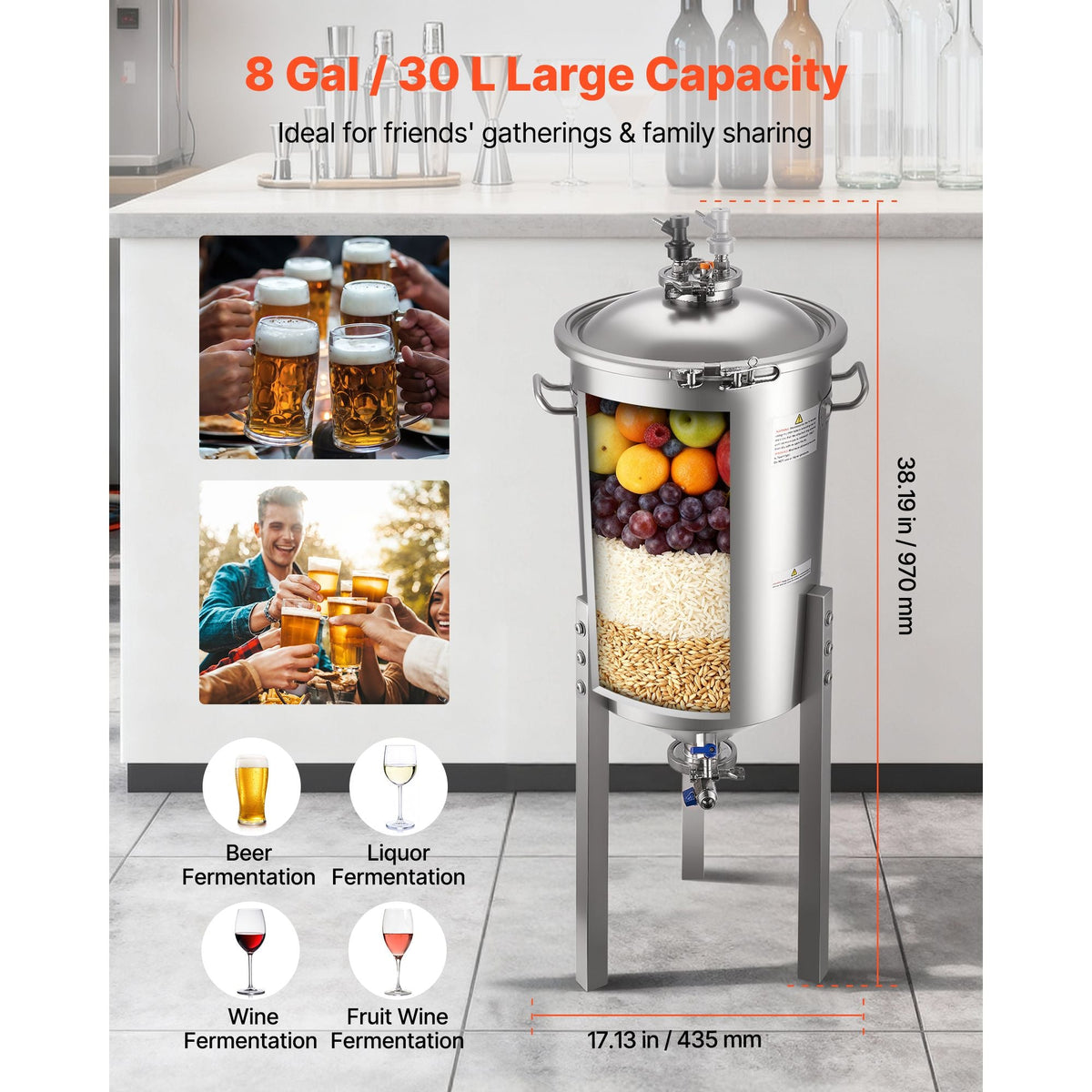 Pressure Fermenter 15 PSI, 8 Gal/30L All-in-One Stainless Steel Conical Secondary Fermentation Bucket, for Wine, Beer Brewing Equipment