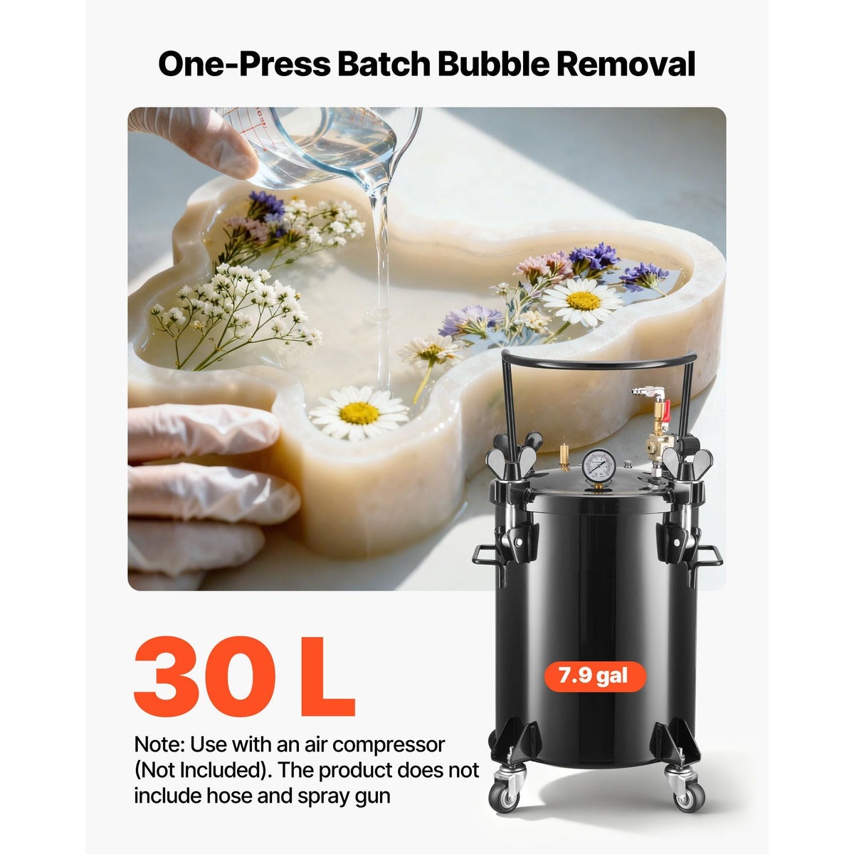 Pressure Pot Paint Tank, 7.9 Gal/30 L Heavy Duty Steel Air Tool Pressure Pot, Spray Paint Pressures Pots with Three Quick-Connect Couplers for Home Use, DIY, Art Creations, Large-Diameter Tank