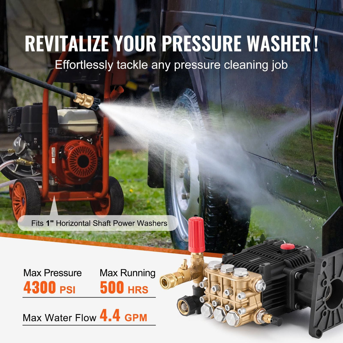 Pressure Washer Pump, 1" Shaft Horizontal Triplex Plunger, 4300 PSI, 4.4GPM, Replacement Power Washer Pumps Kit with 5 Nozzles, Compatible with Simpson MorFlex 40224, 40225, 40226, Santoprene