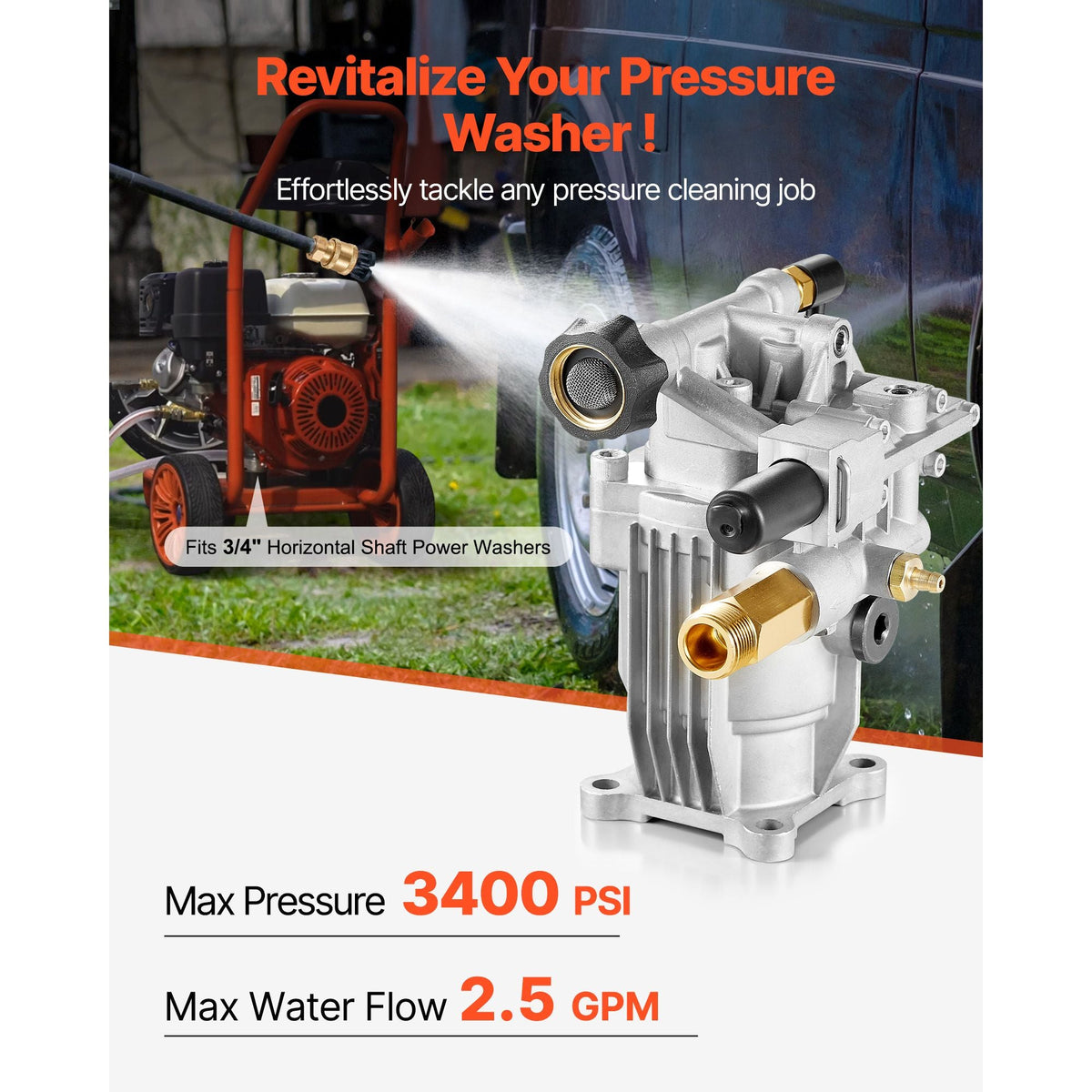 Pressure Washer Pump, 3/4" Shaft Horizontal, 3100 PSI, 2.35 GPM, Replacement Power Washer Pumps Kit with Hardware and Siphon Tube, Compatible with Simpson, Honda, Troy-Bilt, Generac and Delta