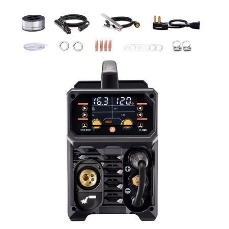 Pro MIG Welder, 200A Pluse Mig Welding Machine, 5-in-1 Synergic Welder Machine MIG Pluse/Gas MIG/Flux Core MIG/Stick/Lift TIG, 110V/220V Dual Voltage Aluminum Mig Welder with LCD Screen Display